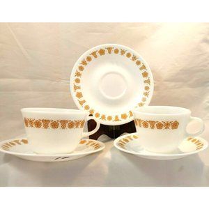 Vtg  Pyrex Corelle Butterfly Gold 2 Coffee Tea Cups w/ 3 saucers milk glass